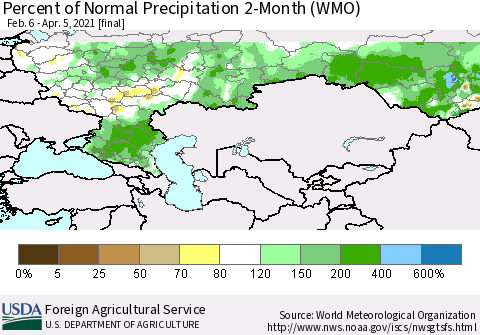 Russian Federation Percent of Normal Precipitation 2-Month (WMO) Thematic Map For 2/6/2021 - 4/5/2021