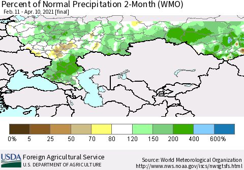 Russian Federation Percent of Normal Precipitation 2-Month (WMO) Thematic Map For 2/11/2021 - 4/10/2021