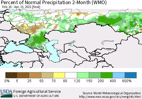 Russian Federation Percent of Normal Precipitation 2-Month (WMO) Thematic Map For 2/16/2021 - 4/15/2021
