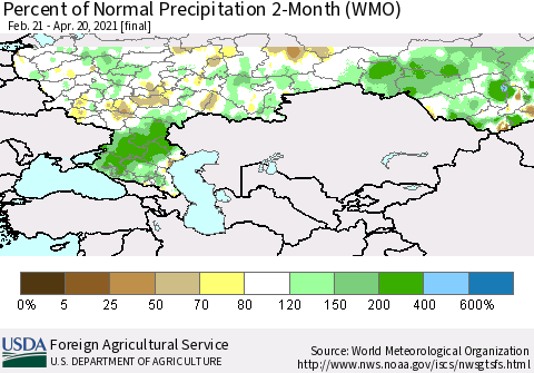 Russian Federation Percent of Normal Precipitation 2-Month (WMO) Thematic Map For 2/21/2021 - 4/20/2021