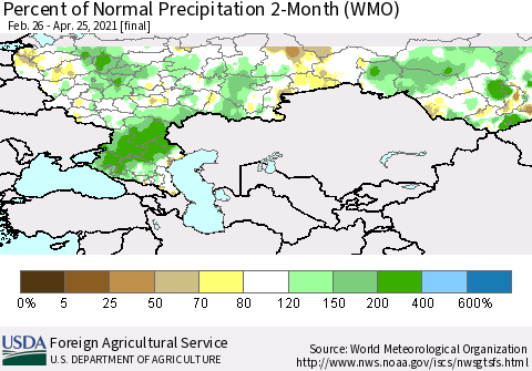 Russian Federation Percent of Normal Precipitation 2-Month (WMO) Thematic Map For 2/26/2021 - 4/25/2021
