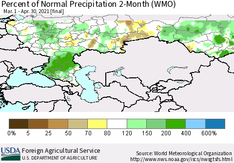 Russian Federation Percent of Normal Precipitation 2-Month (WMO) Thematic Map For 3/1/2021 - 4/30/2021