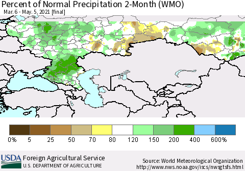 Russian Federation Percent of Normal Precipitation 2-Month (WMO) Thematic Map For 3/6/2021 - 5/5/2021