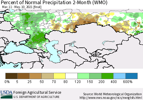 Russian Federation Percent of Normal Precipitation 2-Month (WMO) Thematic Map For 3/11/2021 - 5/10/2021