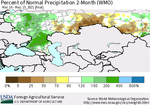 Russian Federation Percent of Normal Precipitation 2-Month (WMO) Thematic Map For 3/16/2021 - 5/15/2021