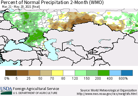 Russian Federation Percent of Normal Precipitation 2-Month (WMO) Thematic Map For 3/21/2021 - 5/20/2021