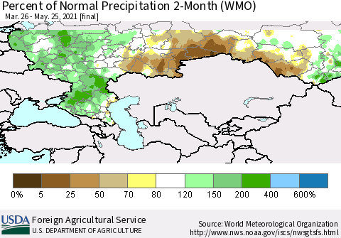 Russian Federation Percent of Normal Precipitation 2-Month (WMO) Thematic Map For 3/26/2021 - 5/25/2021