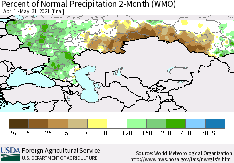 Russian Federation Percent of Normal Precipitation 2-Month (WMO) Thematic Map For 4/1/2021 - 5/31/2021