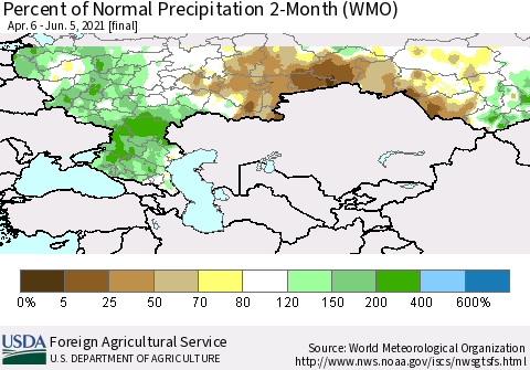 Russian Federation Percent of Normal Precipitation 2-Month (WMO) Thematic Map For 4/6/2021 - 6/5/2021