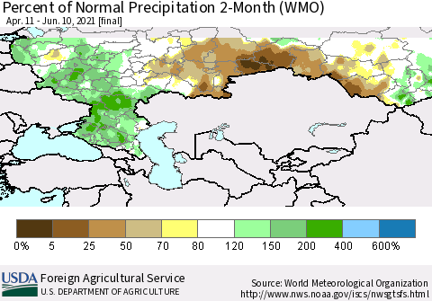 Russian Federation Percent of Normal Precipitation 2-Month (WMO) Thematic Map For 4/11/2021 - 6/10/2021
