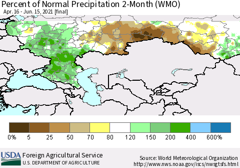 Russian Federation Percent of Normal Precipitation 2-Month (WMO) Thematic Map For 4/16/2021 - 6/15/2021