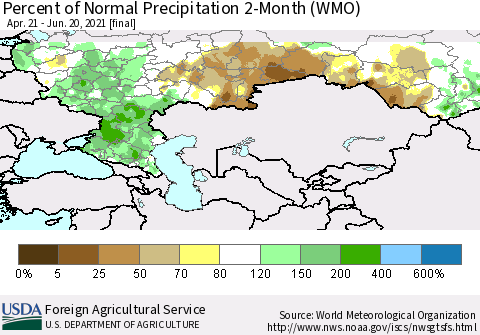 Russian Federation Percent of Normal Precipitation 2-Month (WMO) Thematic Map For 4/21/2021 - 6/20/2021