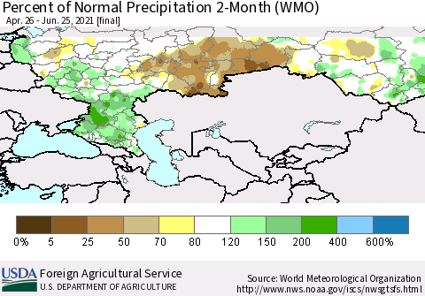 Russian Federation Percent of Normal Precipitation 2-Month (WMO) Thematic Map For 4/26/2021 - 6/25/2021