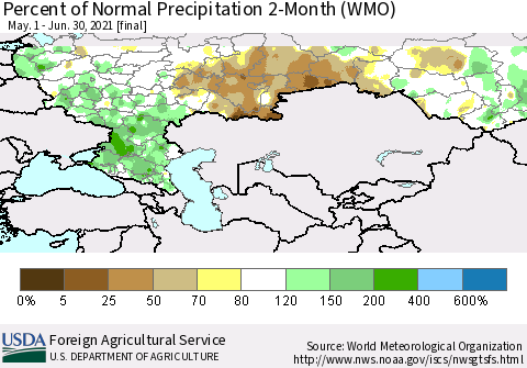 Russian Federation Percent of Normal Precipitation 2-Month (WMO) Thematic Map For 5/1/2021 - 6/30/2021