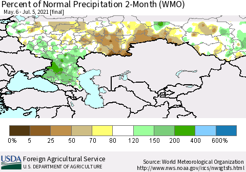 Russian Federation Percent of Normal Precipitation 2-Month (WMO) Thematic Map For 5/6/2021 - 7/5/2021