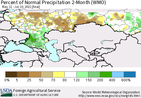 Russian Federation Percent of Normal Precipitation 2-Month (WMO) Thematic Map For 5/11/2021 - 7/10/2021