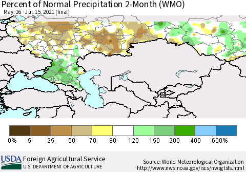 Russian Federation Percent of Normal Precipitation 2-Month (WMO) Thematic Map For 5/16/2021 - 7/15/2021