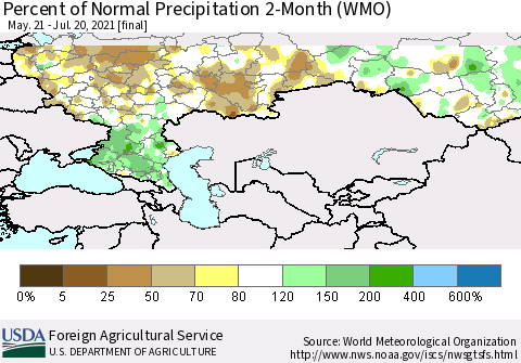 Russian Federation Percent of Normal Precipitation 2-Month (WMO) Thematic Map For 5/21/2021 - 7/20/2021