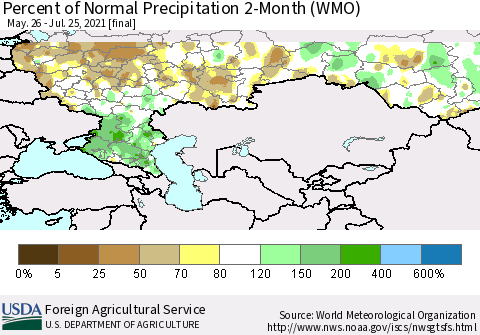 Russian Federation Percent of Normal Precipitation 2-Month (WMO) Thematic Map For 5/26/2021 - 7/25/2021