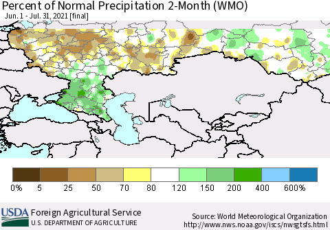 Russian Federation Percent of Normal Precipitation 2-Month (WMO) Thematic Map For 6/1/2021 - 7/31/2021