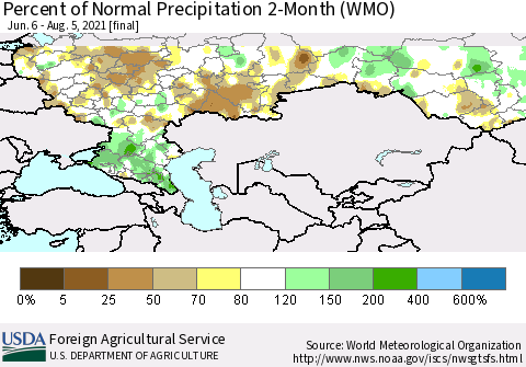 Russian Federation Percent of Normal Precipitation 2-Month (WMO) Thematic Map For 6/6/2021 - 8/5/2021