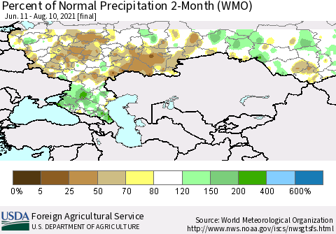 Russian Federation Percent of Normal Precipitation 2-Month (WMO) Thematic Map For 6/11/2021 - 8/10/2021