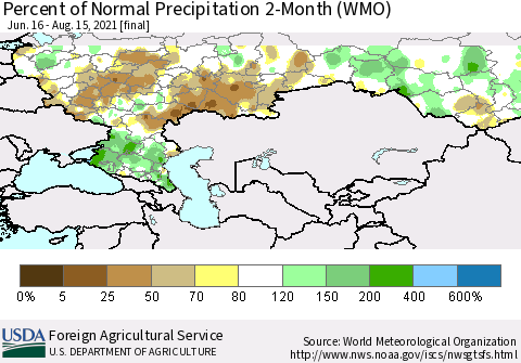Russian Federation Percent of Normal Precipitation 2-Month (WMO) Thematic Map For 6/16/2021 - 8/15/2021