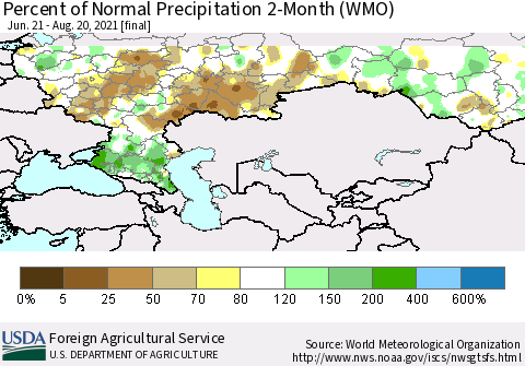 Russian Federation Percent of Normal Precipitation 2-Month (WMO) Thematic Map For 6/21/2021 - 8/20/2021