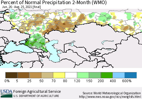 Russian Federation Percent of Normal Precipitation 2-Month (WMO) Thematic Map For 6/26/2021 - 8/25/2021