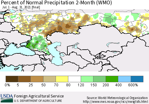 Russian Federation Percent of Normal Precipitation 2-Month (WMO) Thematic Map For 7/1/2021 - 8/31/2021