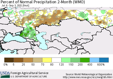 Russian Federation Percent of Normal Precipitation 2-Month (WMO) Thematic Map For 7/6/2021 - 9/5/2021