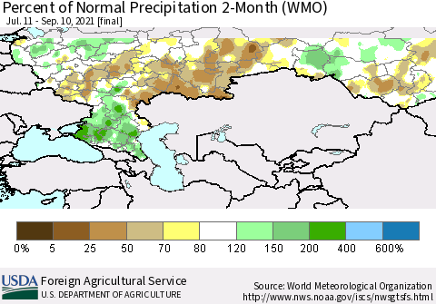 Russian Federation Percent of Normal Precipitation 2-Month (WMO) Thematic Map For 7/11/2021 - 9/10/2021