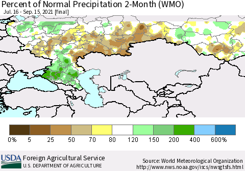 Russian Federation Percent of Normal Precipitation 2-Month (WMO) Thematic Map For 7/16/2021 - 9/15/2021