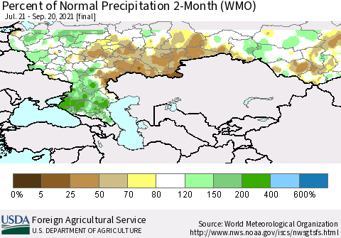 Russian Federation Percent of Normal Precipitation 2-Month (WMO) Thematic Map For 7/21/2021 - 9/20/2021