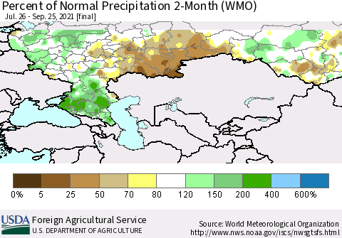 Russian Federation Percent of Normal Precipitation 2-Month (WMO) Thematic Map For 7/26/2021 - 9/25/2021
