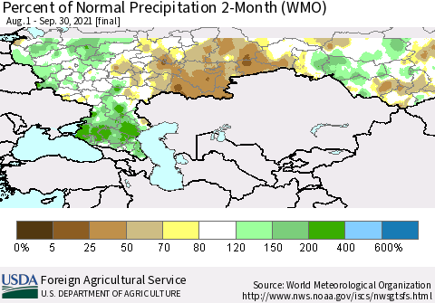 Russian Federation Percent of Normal Precipitation 2-Month (WMO) Thematic Map For 8/1/2021 - 9/30/2021