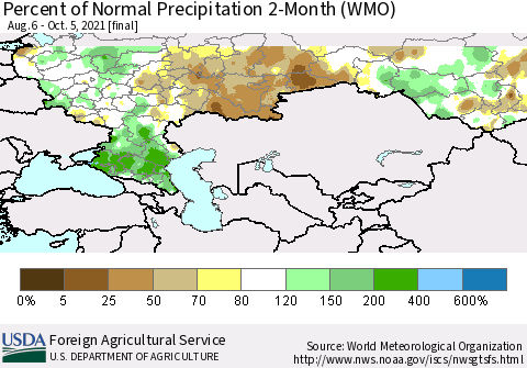Russian Federation Percent of Normal Precipitation 2-Month (WMO) Thematic Map For 8/6/2021 - 10/5/2021