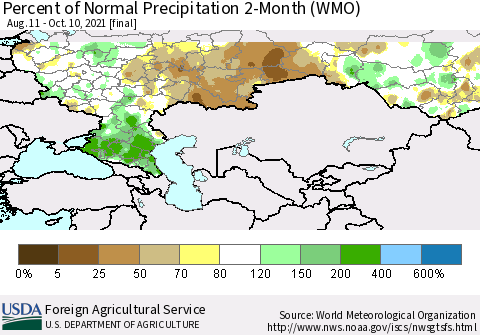 Russian Federation Percent of Normal Precipitation 2-Month (WMO) Thematic Map For 8/11/2021 - 10/10/2021