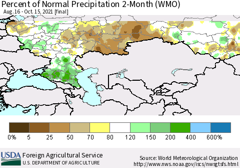 Russian Federation Percent of Normal Precipitation 2-Month (WMO) Thematic Map For 8/16/2021 - 10/15/2021