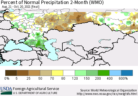 Russian Federation Percent of Normal Precipitation 2-Month (WMO) Thematic Map For 8/21/2021 - 10/20/2021