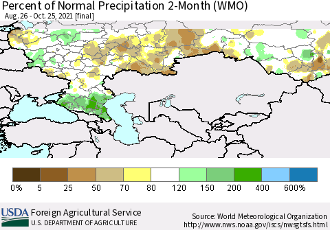 Russian Federation Percent of Normal Precipitation 2-Month (WMO) Thematic Map For 8/26/2021 - 10/25/2021