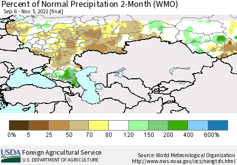 Russian Federation Percent of Normal Precipitation 2-Month (WMO) Thematic Map For 9/6/2021 - 11/5/2021