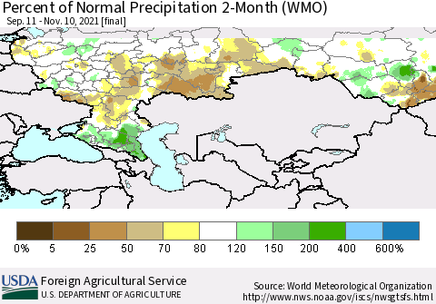 Russian Federation Percent of Normal Precipitation 2-Month (WMO) Thematic Map For 9/11/2021 - 11/10/2021