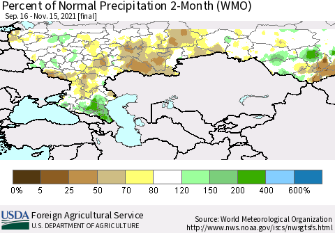 Russian Federation Percent of Normal Precipitation 2-Month (WMO) Thematic Map For 9/16/2021 - 11/15/2021