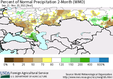 Russian Federation Percent of Normal Precipitation 2-Month (WMO) Thematic Map For 9/21/2021 - 11/20/2021