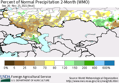 Russian Federation Percent of Normal Precipitation 2-Month (WMO) Thematic Map For 9/26/2021 - 11/25/2021