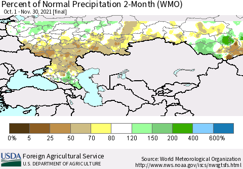 Russian Federation Percent of Normal Precipitation 2-Month (WMO) Thematic Map For 10/1/2021 - 11/30/2021