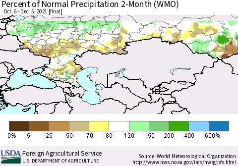 Russian Federation Percent of Normal Precipitation 2-Month (WMO) Thematic Map For 10/6/2021 - 12/5/2021