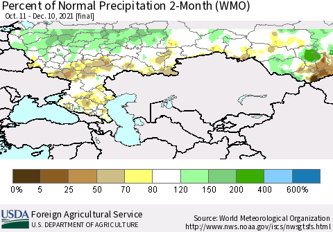 Russian Federation Percent of Normal Precipitation 2-Month (WMO) Thematic Map For 10/11/2021 - 12/10/2021