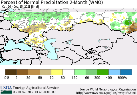 Russian Federation Percent of Normal Precipitation 2-Month (WMO) Thematic Map For 10/16/2021 - 12/15/2021
